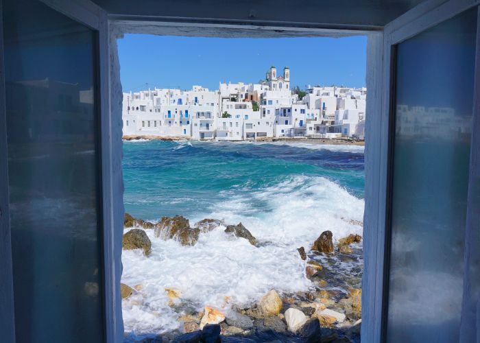 naousa through a window paros Aerial motion shutterstock copy