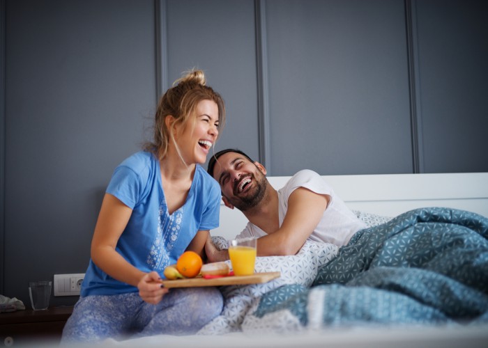 couple laughing hotel